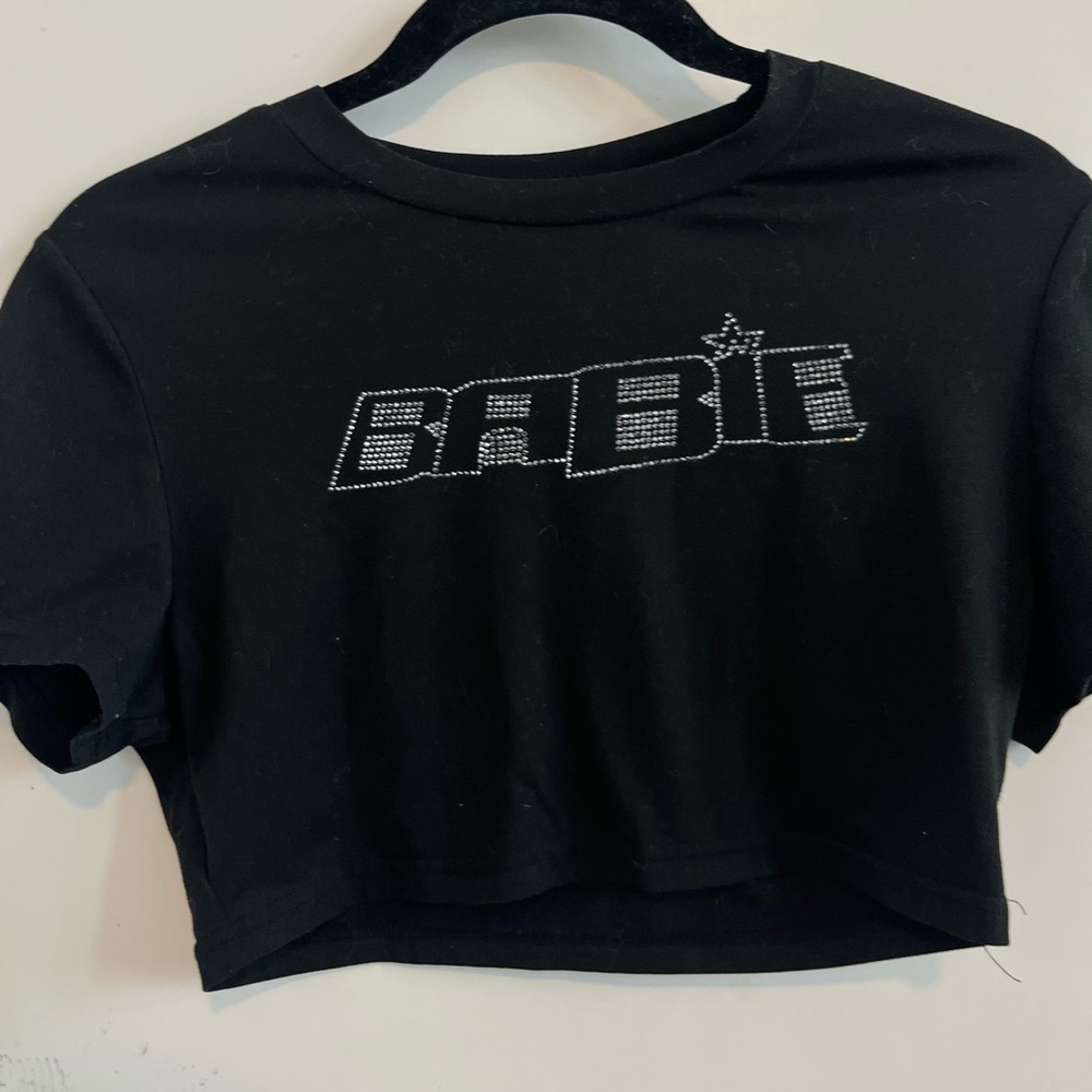 Black Cropped Tee with Rhinestone 'BABIE' Logo